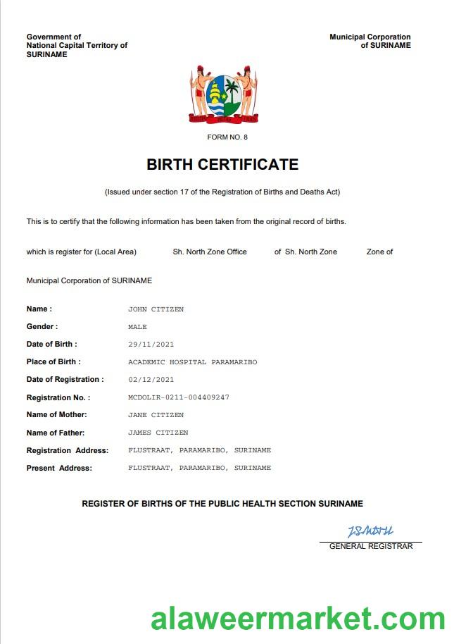 Suriname vital record birth certificate Word and PDF template